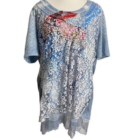 Ali Miles Tops - Ali Miles Blue Abstract Print Short Sleeve Top with Mesh